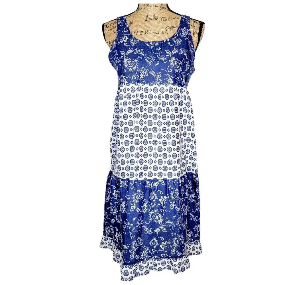 SAY BURY Women's Cotton Tiered Floral Mixed Print Tea Sun Dress Size Small Blue